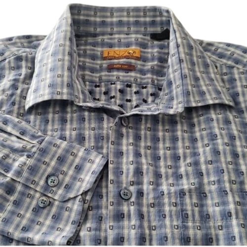 Enzo Italian Super Soft‎ Cotton Embroidered Plaid Button-down Men's 2XL Office